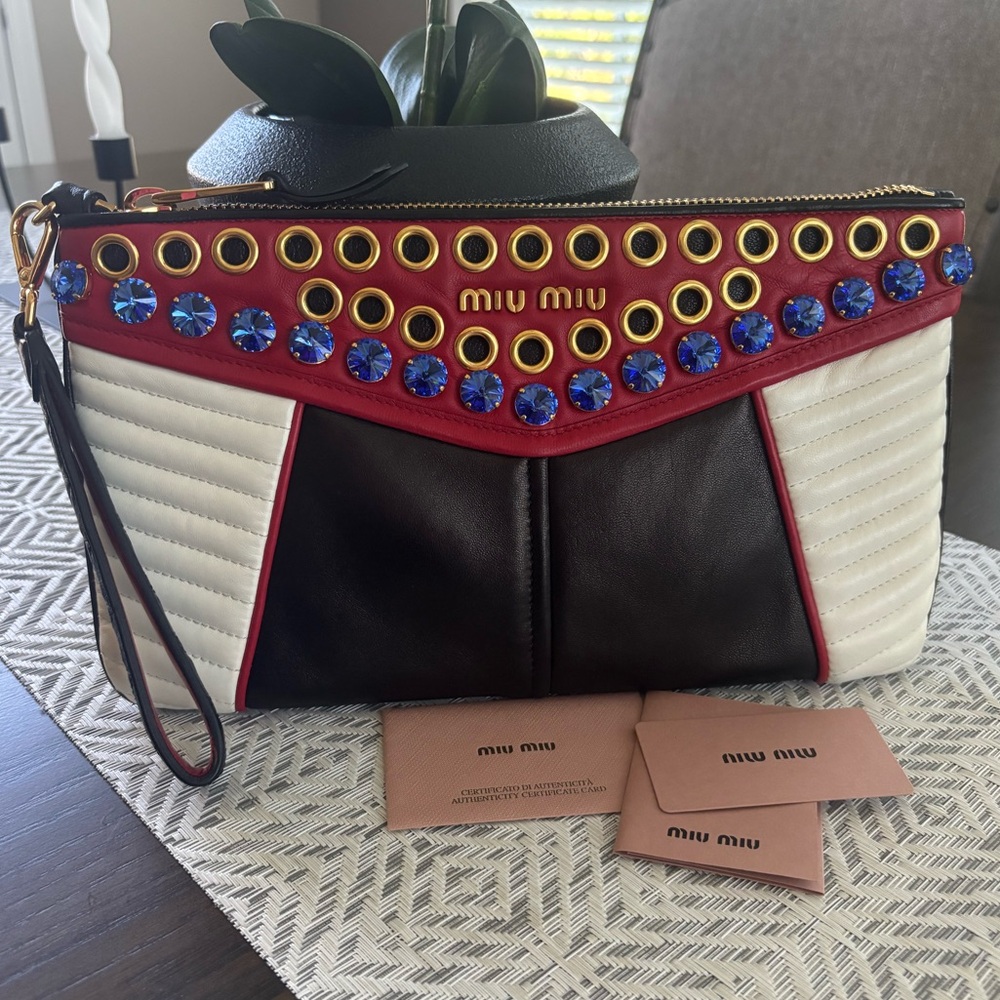 Miu Miu Nappa Biker Cry Vintage Rare red blue and white Studded Quilted Clutch✨ - Picture 8 of 10